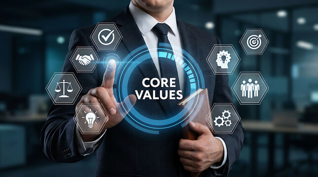 Businessman pressing virtual core values button with icons on digital screen