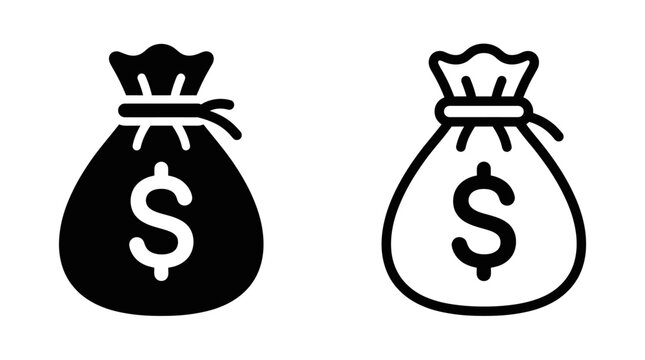 Money bag icon set in solid and outline styles with money sack