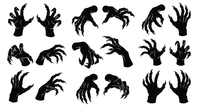 Collection of black monster claws in various poses silhouette style