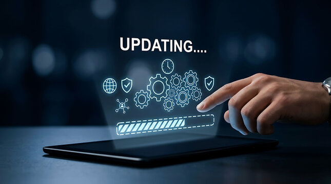 Person touching a glowing digital tablet screen with software update interface