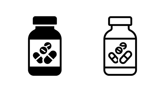 Medicine bottle icon with various pills and medical capsules
