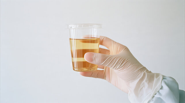 Clinical sample collection concept with gloved laboratory hand holding clear specimen cup filled with amber liquid