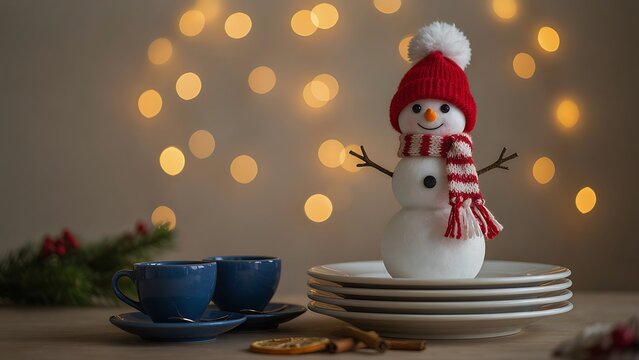 Charming snowman figure with red knitted scarf and stick arms perched atop white dinnerware with glowing background, created with generative ai