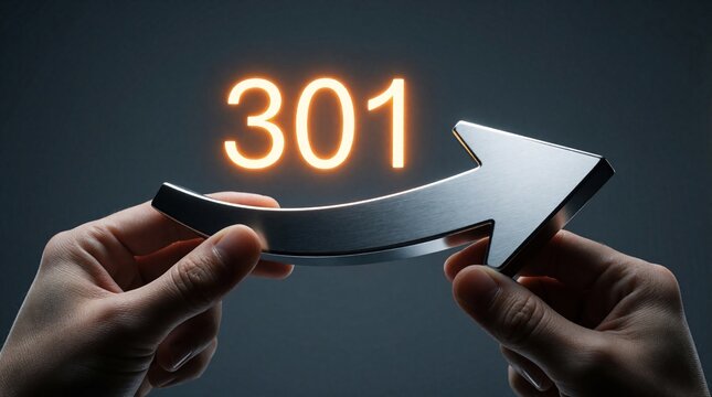 Human hands hold metallic arrow with glowing 301 numbers. Digital redirection symbol shows website URL change, SEO update process. Concept of permanent link redirect, internet traffic management, web
