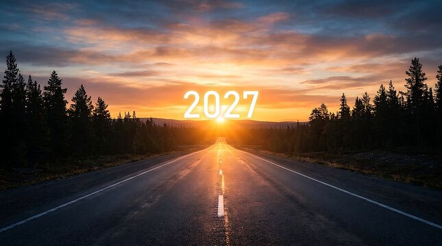 A straight open road heading towards a bright sunrise with the year 2027 displayed above the horizon