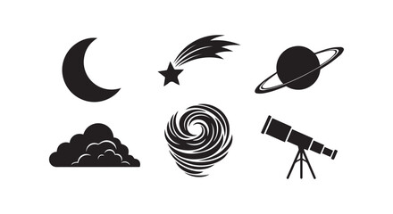 Galaxy space kit with moon comet planet telescope and clouds in flat black silhouette art. © md ashiki