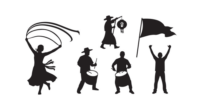 Performance art and parade silhouettes set featuring black human figures for celebration.