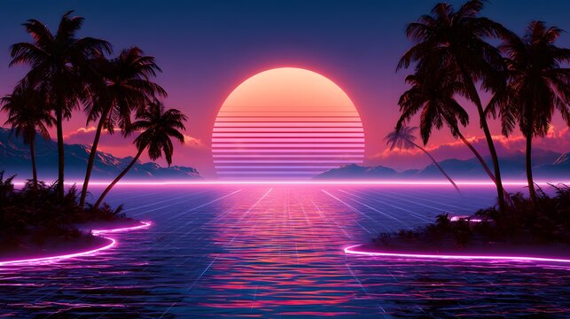 Retro synthwave tropical landscape with neon sunset