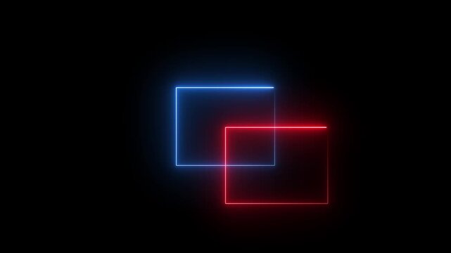 Blue and Red Neon Overlapping Square Frames with Glowing Edges on Dark Background