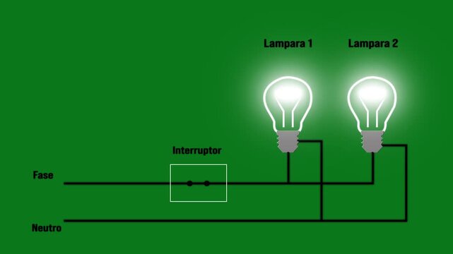 Electrical Circuit Diagram Animation with Switch Interruptor and Glowing Bulbs on Green Screen Chroma Key.