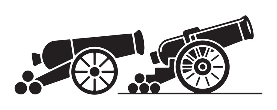 Two old antique cannon artillery weapon icons with cannonballs isolated on transparent background.