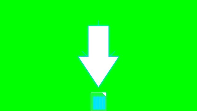 A modern 2D download arrow animation with fast-moving data particles transforming into colorful pixels and creating a luminous digital file.