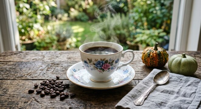 Vintage 1950s style steaming black coffee in floral porcelain cup on rustic wooden table with small autumn pumpkins, coffee beans, and silver spoon against a blurred lush garden backdrop.