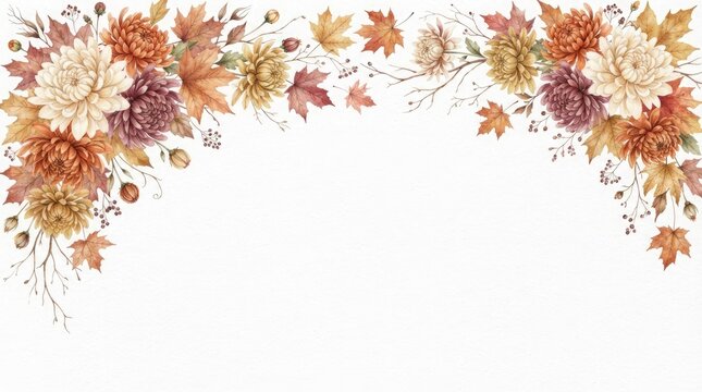 Autumn floral frame with golden leaves and fall flowers isolated on white background