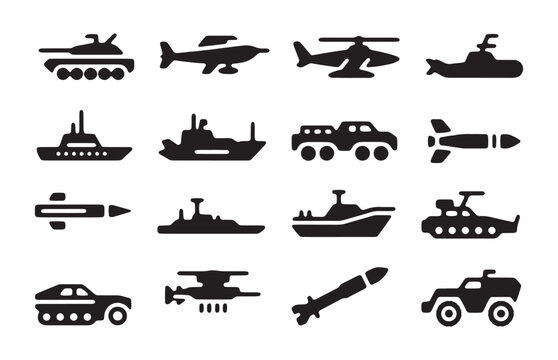 Armed forces transport vehicles and naval warships silhouettes for combat operations graphics pack.