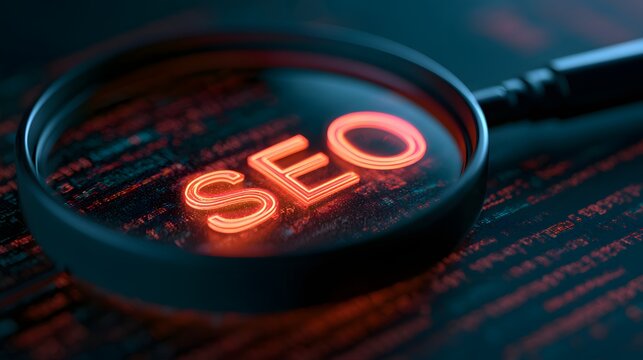 Magnifying glass focused on glowing seo text