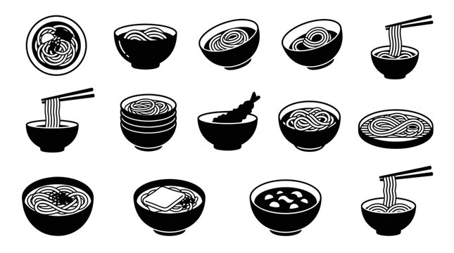 Set of black and white ramen noodle bowl icons in flat vector style