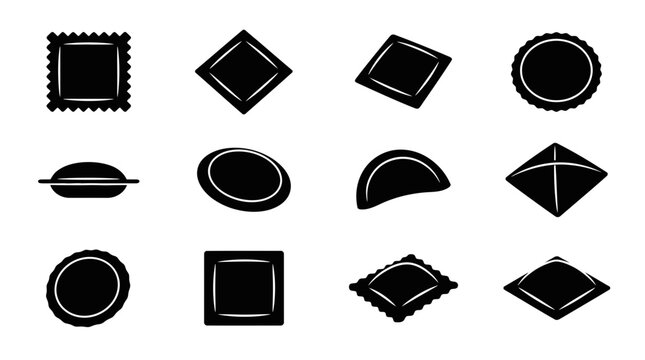 Set of black ravioli and pasta shapes isolated on white background