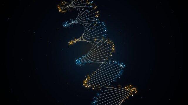 A glowing double helix strand of DNA winds downward through the dark expanse of space, glowing with subtle ethereal light that highlights the intricate molecular structure of genetics