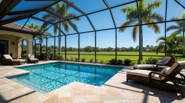 Luxury home backyard features screened patio with private swimming pool. Wicker lounge chairs sit on stone tiles near clear blue water. Tropical palm trees, green lawn surround outdoor leisure area