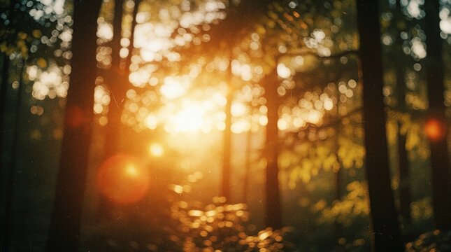 Abstract forest background with warm sunset light leaks. Golden bokeh sunbeams glow through blurred trees. Vintage film effect with dust, scratches creates nostalgic retro mood. Dreamy summer nature
