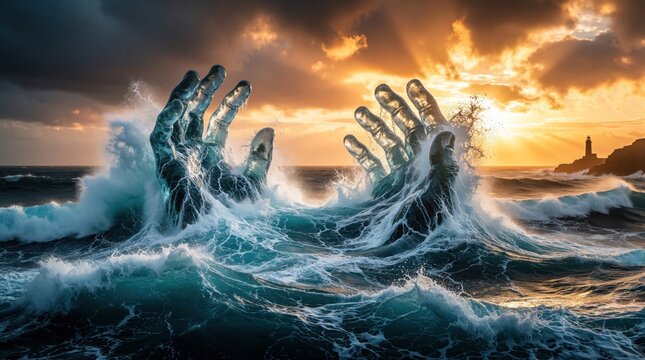 Giant translucent hands emerge from stormy ocean waves at sunset. Surreal water hands rise from turbulent sea during golden hour. Massive liquid fingers splash in white foam, waves near lighthouse.