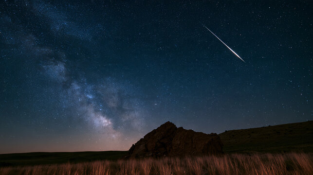 Milky way galaxy stretches brightly across a vast dark firmament with a shooting star.