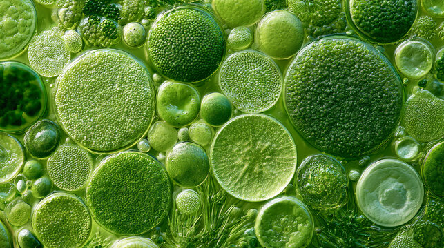Green algae colonies flourish in various textured circular formations under a microscope.