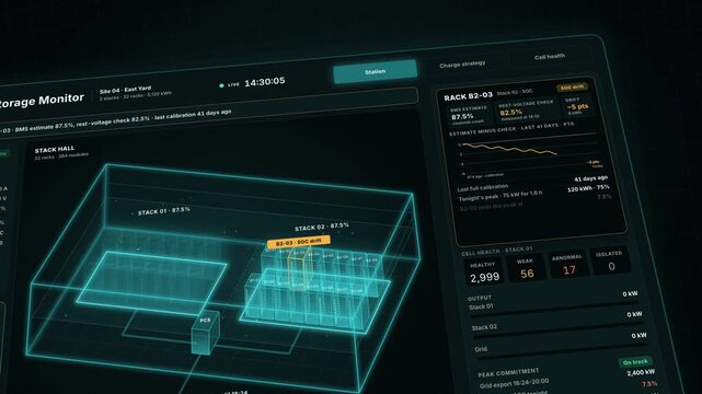 Energy Storage Dashboard UI, Battery Management System Software, BESS Rack Drift Monitoring, Real-Time Monitoring System, State of Charge, Grid Integration, Industrial IoT, Data Visualization