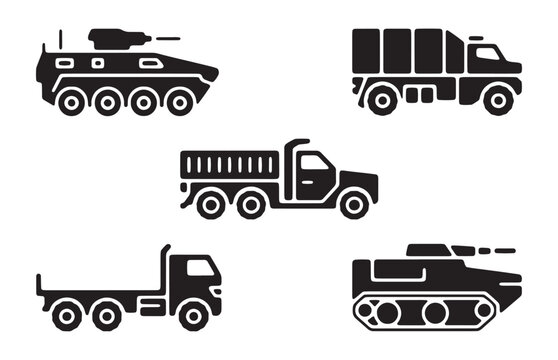 Military vehicles black silhouettes set including tanks and trucks on transparent background.