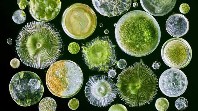 Microscopic algae cells thrive inside circular petri dishes under laboratory illumination.