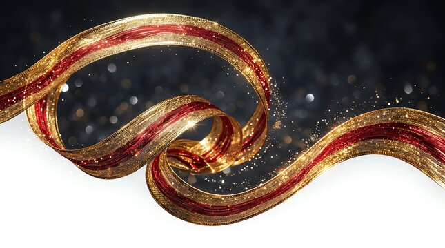 Elegant Red and Gold Glittering Ribbon Waving Against Dark Bokeh Background
