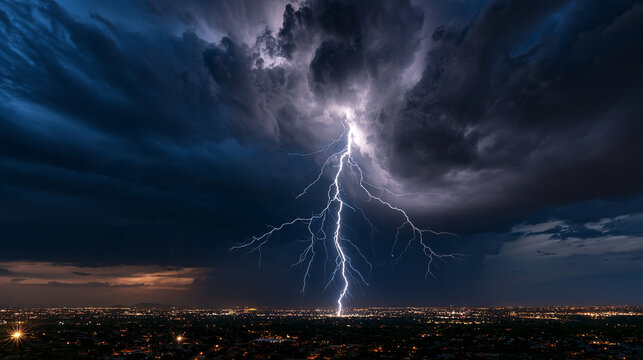 Thunderstorm unleashes a powerful jagged bolt of lightning over the sparkling nighttime urban landscape.