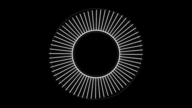 Rotating Glowing Neon Circle Frame with Radiating Rays on Black Background
