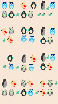 Cartoon owls, penguins, and birds repeating pattern