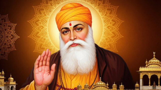 Portrait of Saint Guru Nanak Dev Ji religious leader of Sikhism. Spiritual guru with orange turban, white beard gives blessing. Golden Temple background with sacred mandala light. Divine holy man