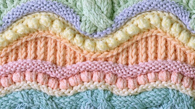 Macro close-up of a colorful pastel knitted blanket featuring chevron stripes, cable stitches, and bobble borders