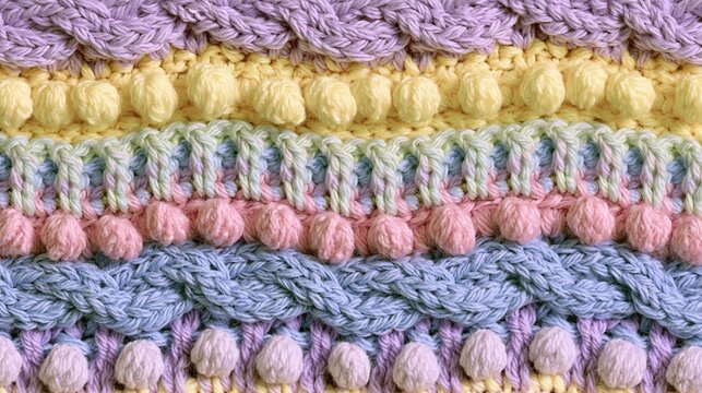Macro close-up of a colorful pastel knitted blanket featuring chevron stripes, cable stitches, and bobble borders