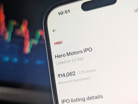 Hero Motors IPO listing details page on mobile trading app screen close up stock photo