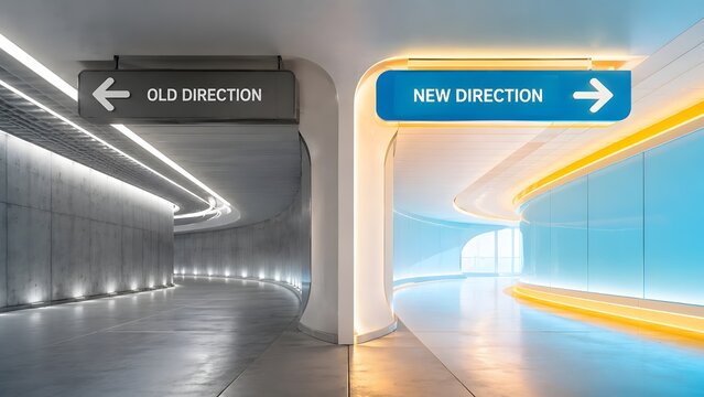 Modern Corridor With Signs Pointing Toward Old Direction And New Direction