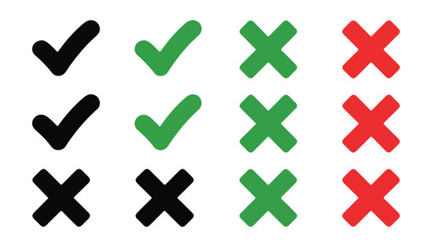 Black and green check marks with red and green crosses for right or wrong choices.