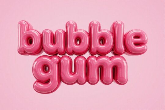 Pink bubble gum text logo on light background. 3D glossy inflated letters form bold candy style typography. Juicy bright font design for sweets brand, pop art sticker, playful summer party banner.