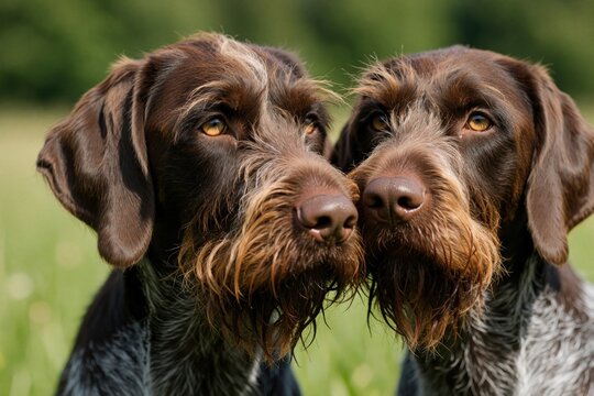 Two German Wirehaired Pointer dogs look forward in close up portrait. Brown hunting dogs with wiry fur sit together in green grass field. Pair of smart canine pets pose outdoors in nature during
