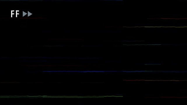 Fast forward FF VHS tape with glitch, VHS Fast Forward Glitch Effect. VHS fast forward on black background, 4K Video.
