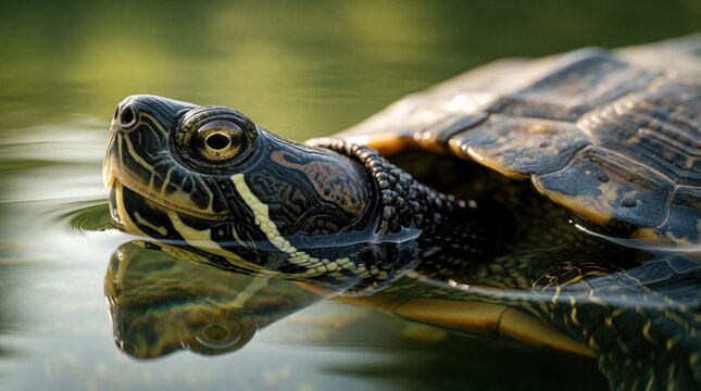 Close up of turtle head emerging from calm water. Reptile peeks above surface with detailed skin texture, eyes. Aquatic creature swims in pond lake. Nature scene shows wildlife in fresh water habitat