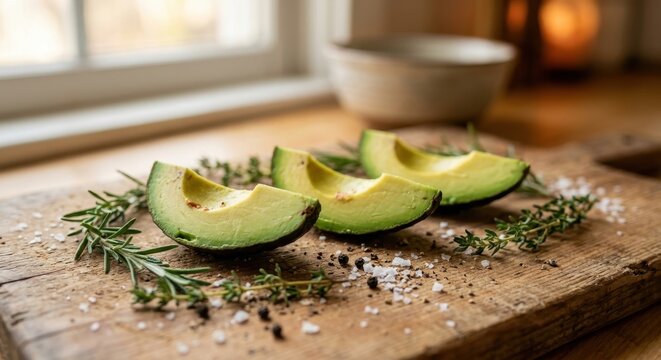 Fresh slices of ripe avocado on a rustic wooden cutting board seasoned with coarse sea salt, black peppercorns, rosemary, and thyme in a bright, sunlit kitchen setting for healthy diet concepts.