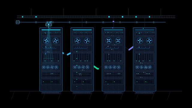Data center server racks animation on transparent background