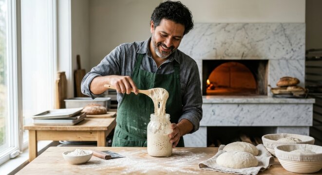 Smiling Professional Male Baker in Green Apron Preparing Sourdough Starter in Glass Jar with Wooden Spoon in a Rustic Bakery Kitchen Featuring a Traditional Wood Fired Stone Oven in Background