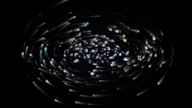 Rotating spiral vortex of glowing light dots in dark space