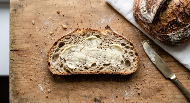 Top view of a fresh slice of artisan sourdough bread spread with creamy butter on a rustic wooden cutting board, featuring a whole loaf and butter knife in a cozy kitchen setting.